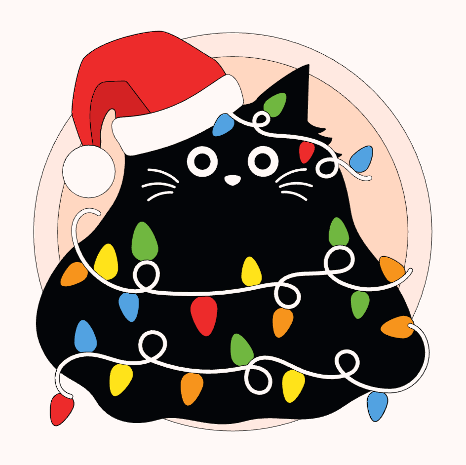 Pudgy Black Cat with Christmas Lights Shadowbox